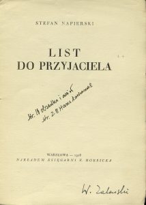 Stefan Napierski, „List do przyjaciela”,  Hoesick, Warszawa 1928