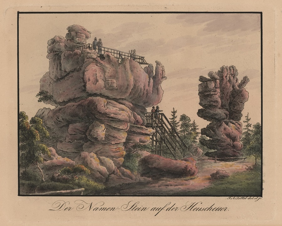 Fotel Pradziada na Szczelińcu Wielkim w Górach Stołowych, 1826, Friedrich August Tittel, akwaforta kolorowana, zbiory Ossolineum