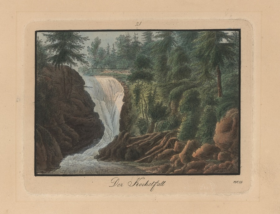 Friedrich August Tittel, Wodospad Szklarki, 1821, akwaforta kolorowana, zbiory Ossolineum